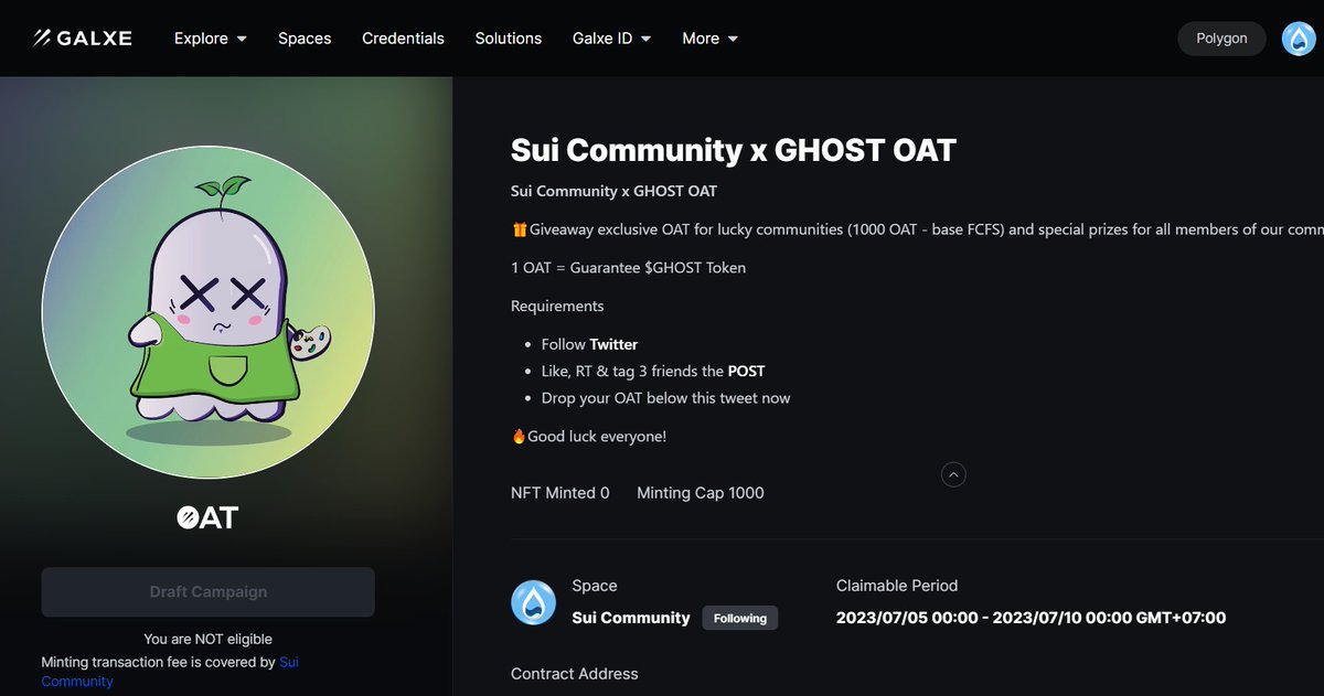 Sui Community x GHOST OAT 🎁Giveaway exclusive OAT for lucky communities (1000 OAT - base FCFS) Claim OAT: galxe.com/suicommunity/c… 1 OAT = Guarantee $GHOST Token Good luck everyone! Claim and drop your OAT now #Sui #SuiCommunity #OAT