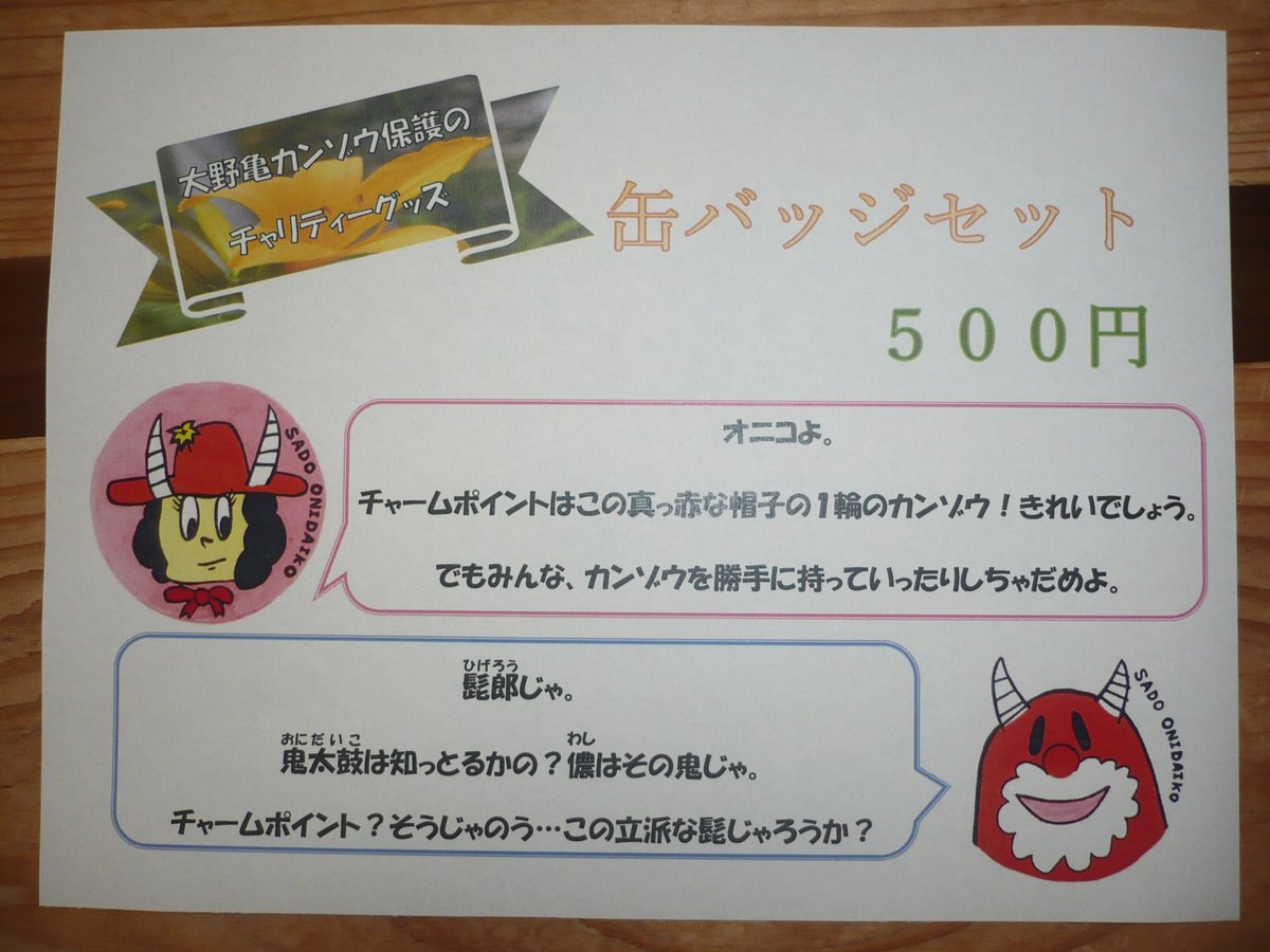 uchikaifu's tweet photo. 先日、中学生がデザインしているチャリティグッズを
#SADO二ツ亀ビューホテル　さんと、#佐渡汽船商事　さんに置かせていただきました！
収益は大野亀のカンゾウ保護に寄付します。
ぜひ、ご購入ください！ https://t.co/736YpVuhiQ