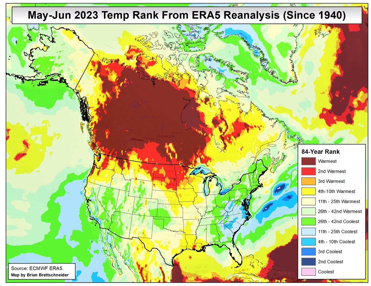 After experiencing their warmest May on record, Canada just had their warmest June on record. Combined, of course, it was the warmest May-June on record. A big spot of record warmth covered half the country for the 2-month period. 🇨🇦