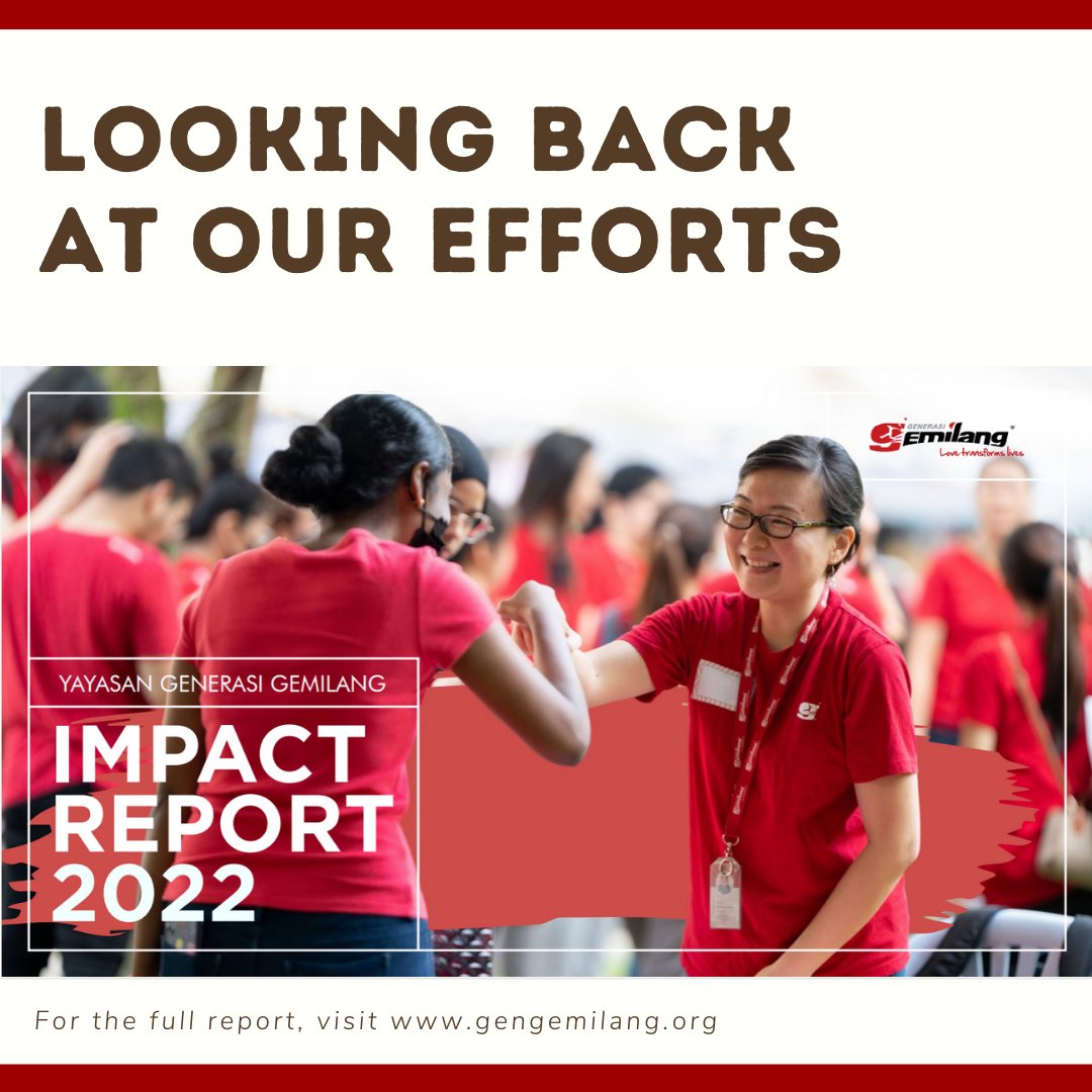 GenGemilang's tweet photo. Unveiling GG's 2022 Impact Report! โจ
Find out what we have been up to in 2022 with the full report in the link below!๐ข
https://t.co/vHNyESTA2E
#GenGemilang #LoveTransformsLives https://t.co/Pc3g8gzcQQ