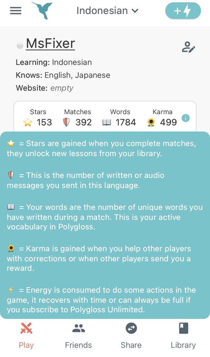 MsFixer_Asia's tweet image. 語学用の作文演習アプリ #Polygloss がバージョンアップして、各種統計データが追加表示されるようになりました。便利！
私はこれまでインドネシア語で392回作文していて、1784単語を使ったことになるらしい。単語は「のべ数」(gross) じゃなくて「ユニーク数」(net) です。