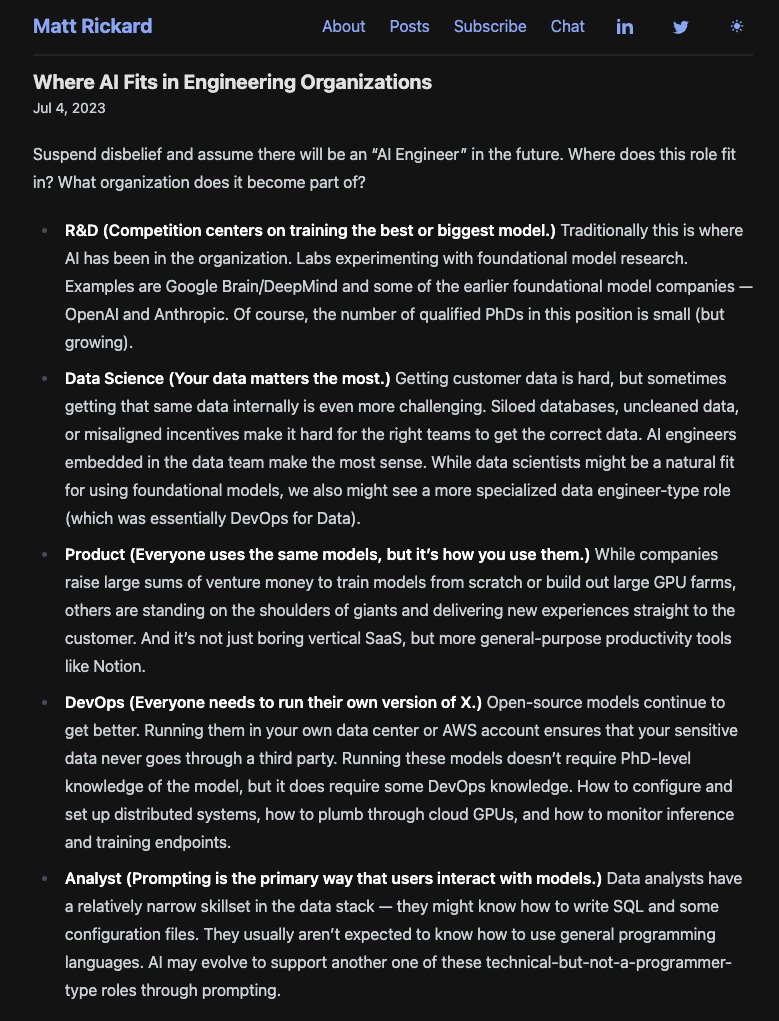 interesting mini essay from @mattrickard on where the 'AI Engineer' should sit in the org 

(shudder... reminds me of the endless 'Where should devrel sit?' conversations I just exited)

I suspect this is going to happen in two ways - 'center of excellence' type models where the