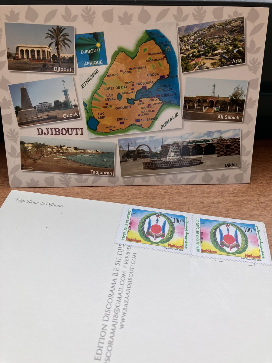 The latest #Djibouti 🇩🇯stamps on a postcard I’m about to send home to friends in the 🇬🇧

Les derniers timbres #Djibouti 🇩🇯sur une carte postale que je m’apprête à envoyer chez amis 🇬🇧

🇬🇧 &amp; 🇩🇯Shrink the (postal) Distance…/Réduire la distance postale…