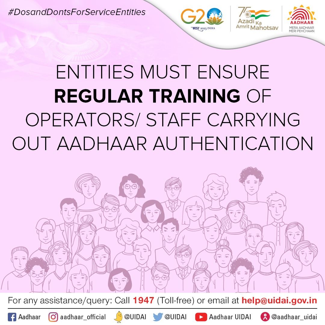 UIDAIDelhi's tweet image. #DosandDontsForRE
संस्थाओं को सलाह दी जाती है कि वे #Aadhaarauthentication करने वाले ऑपरेटरों/कर्मचारियों को ऐसा करने में शामिल सर्वोत्तम प्रथाओं और सुरक्षा उपायों पर नियमित प्रशिक्षण सुनिश्चित करें।