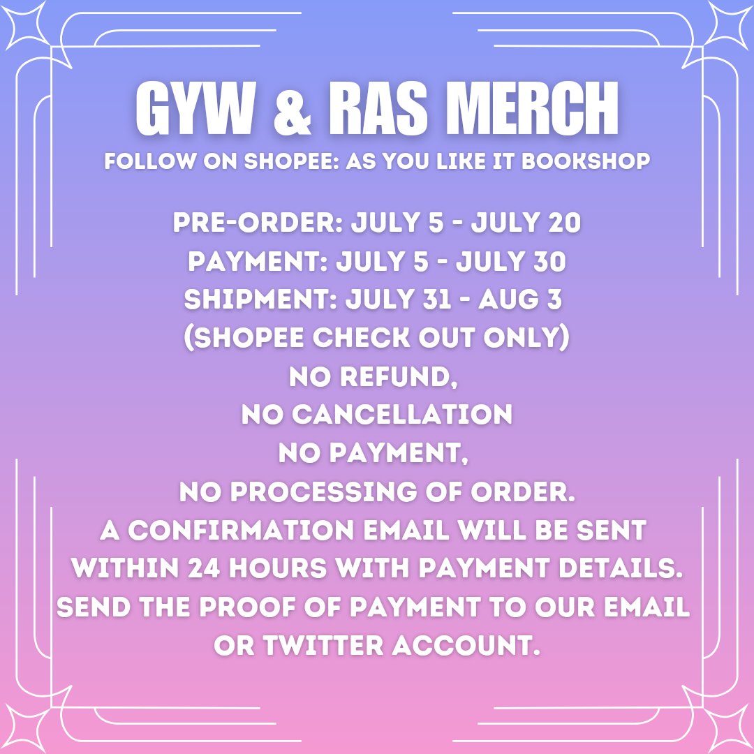 aesbookshop22's tweet photo. GYW & RAS MERCH
Pre-order: July 5 - July 20
Payment: July 5 - July 30
Shipment: July 31 - Aug 3 (Shopee Check Out Only)
https://t.co/2kFtYdAoK6
#gyw #beau #anri #irina #JonaxxGYW #jsl #RAS #sage #pietro #raica #real #erik #aeris #siyf #actya #rtmv #photocards
dm for inquiries https://t.co/dK1Kg6oFYW