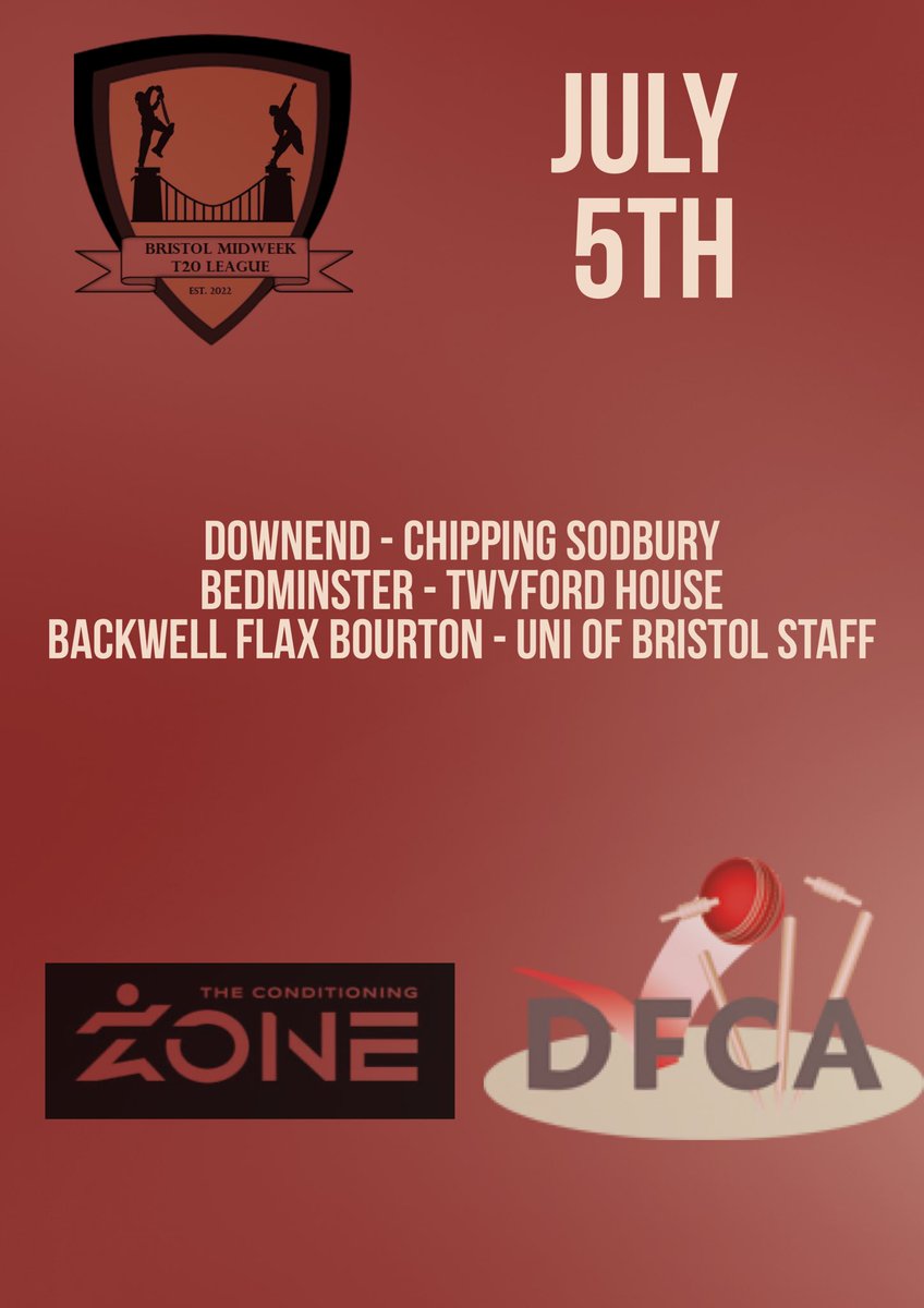 A better days weather forecast so here are tonight’s fixtures!

@DownendCricket - @ChipSodCC 
@bedminstercc - @TwyfordHouseCC 
@BFBCC - @UBSCC_Owzat 

#BristolT20
#BristolCricket
#freetosee

@swsportsnews