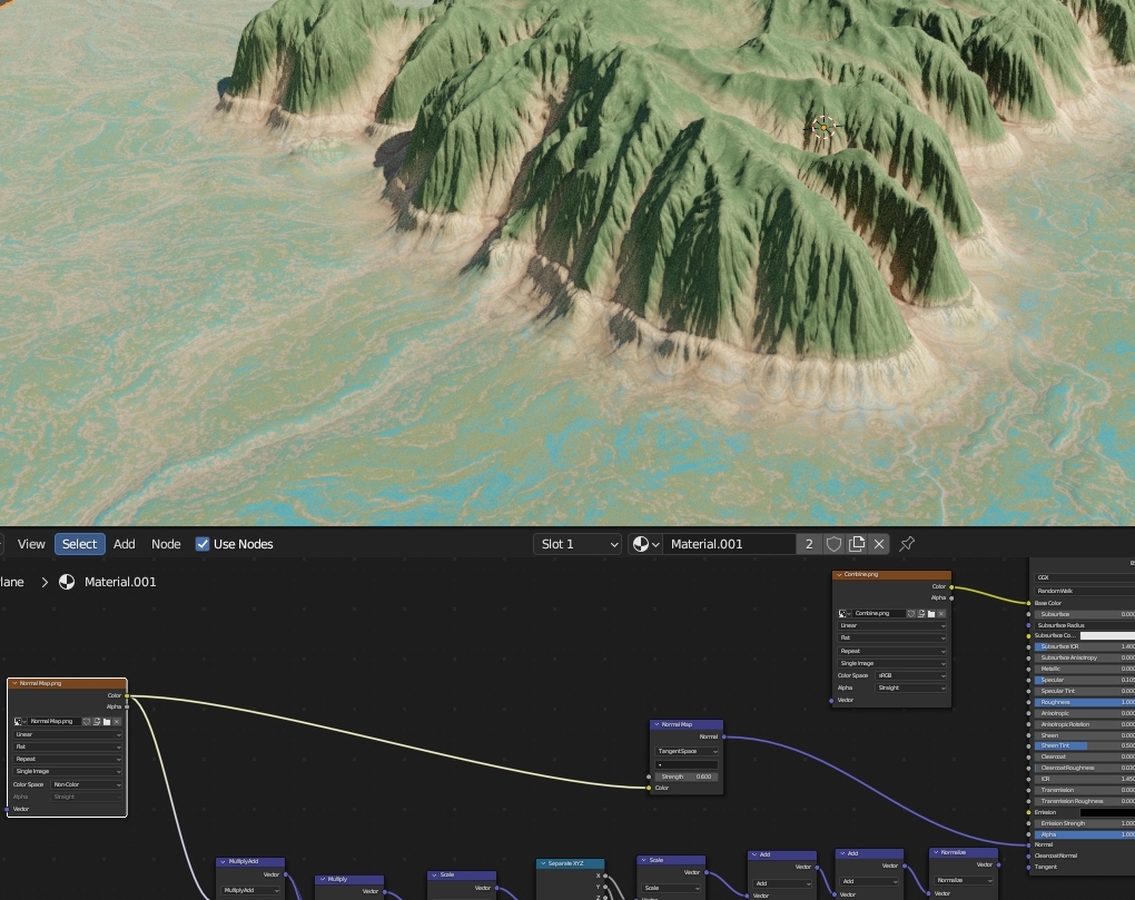 svinister's tweet photo. @HotdogNugget Strange but not working for normals from GAEA. Black regions also remain with 0 strength via custom node. It fixes with low strength on normal map node. (Because of initial strength from GAEA) https://t.co/Zw5MWZ2k2P