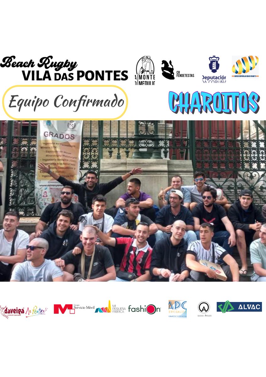 Rugby5De's tweet photo. EQUIPOS CONFIRMADOS

Categoría Femenina

@thetasxlapaz

Categoría Masculina 

@Charoitos  #rugbyminas

@Depucoruna  @TurismoAsPontes  @alvac  @MacronSports  @fendetestasrugb  @SE_RugbyPlaya_5  @MPF3D  @sandiafashion @quesosargudo @apcservigalicia https://t.co/psYORDoDJj