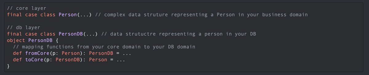 Don't leak your `db` domain into your `core` domain

Separate them, and your code will be more robust and easier/safer to evolve

You'll not have to deal with `db` domain issues in your `core` domain, everything being isolated in your `db` domain

I advise you to have 2 sbt