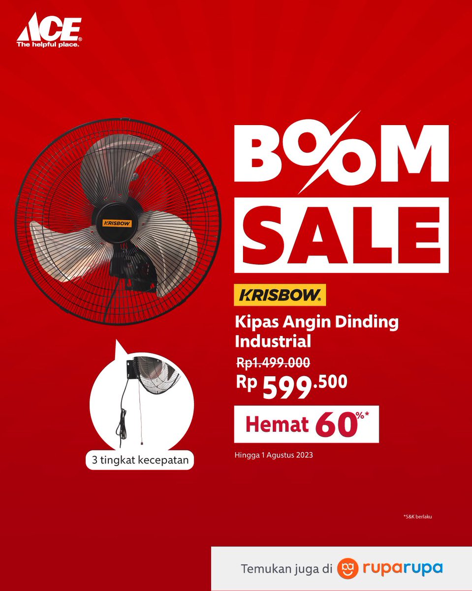 Cuaca lagi panas-panasnya, waktunya kamu siapkan Kipas Angin Krisbow. Spesial di promo Boom Sale, dapatkan kipas ini dengan harga hemat 60%

#BisaKejadian #ACEIndonesia #CariACEdiRuparupa #ACEBoomSaleBikinHappy