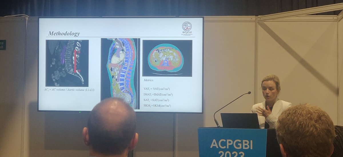 @ioannadrami on the podium at #ACPGBI2023 presenting preliminary results of a @bicycle_group study examining #AI mediated 3D aortic calcification in #colorectalcancer. CT scans are more much more than just digital images! @MrJTJenkins @VoronoiHealth #bodycomposition.