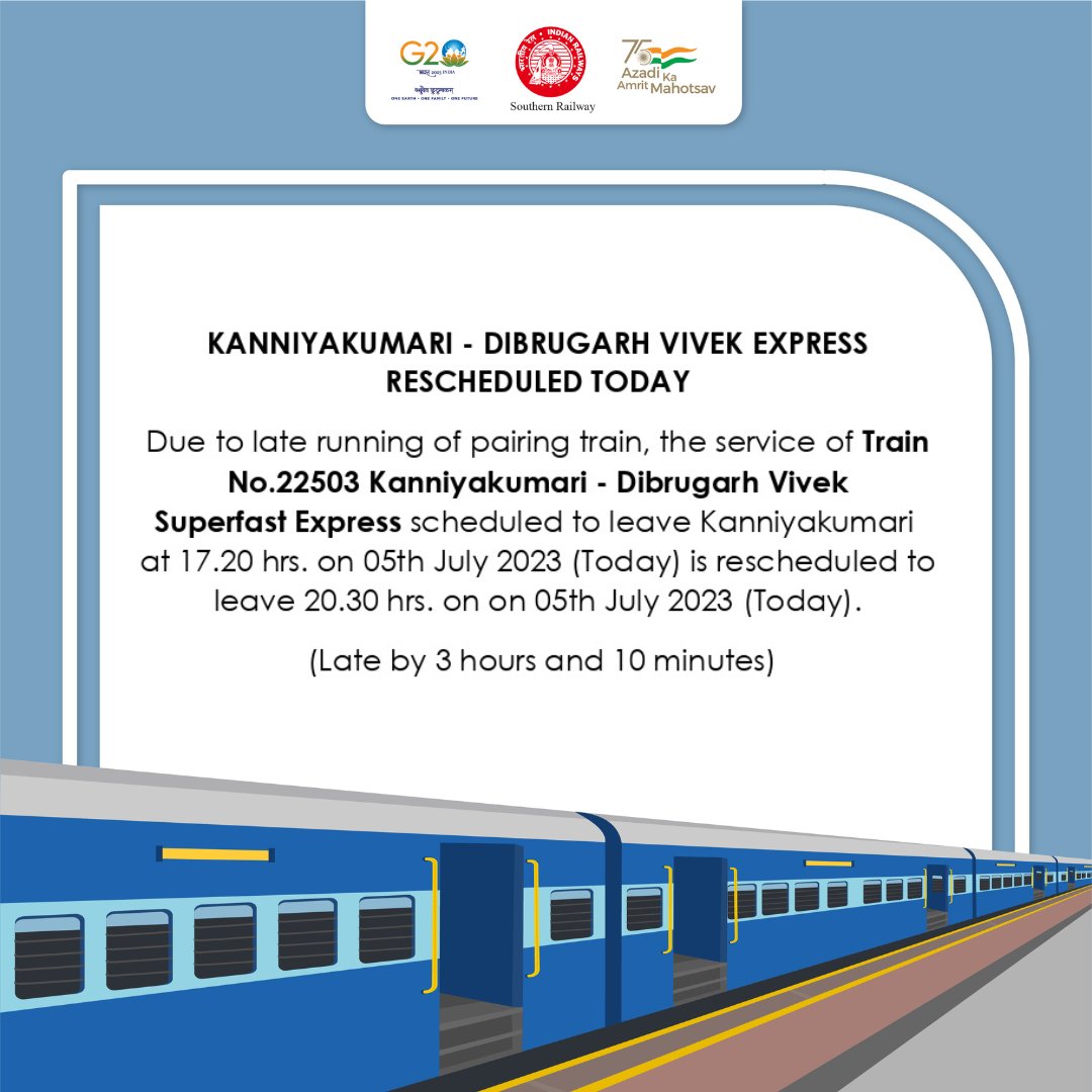 DRMPalghat's tweet photo. Passenger Alert!
The service of Train No.22503 Kanniyakumari - Dibrugarh Vivek Superfast Express is delayed by 3 hours and 10 minutes due to late running of pairing train.
Stay updated for more Rail alerts.
#DRMPalghat #SouthernRailway #Trainupdates #Trainservices #Railalerts https://t.co/QqLTkwc1Ez