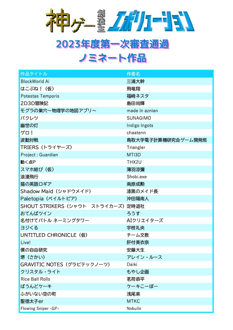 神エボ2023の一次審査が終了しました。
一次審査を通過した32作品がこちら！！

はたしてどんなゲームなのか、タイトルだけ見てもワクワクしますね…！

#神エボ2023