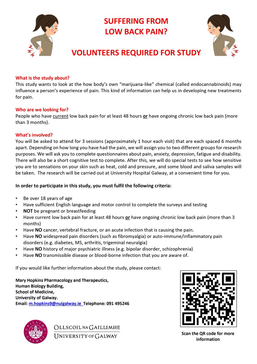 We are looking for people with low back pain to participate in our clinical study! 🌿🧠⚡️ forms.office.com/r/Bw6amMvBeW 
#chronicpain #lowbackpain #cannabinoidresearch #Galway <a href="/ChronicPainIRL/">Chronic Pain Ireland. RCN 20028022</a> <a href="/EFIC_org/">European Pain Federation EFIC®</a> <a href="/GalwayCMNHS/">University of Galway CMNHS</a>
<a href="/uniofgalway/">Ollscoil na Gaillimhe | University of Galway</a>