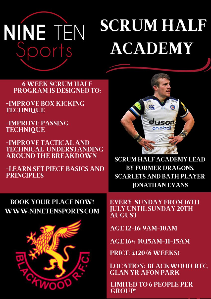 Come and Join us this summer at Nine Ten Sports Academy.

The Academy sessions are:

▪️Kicking Academy
▪️Women’s Academy
▪️Scrum Half Academy
Sign up here at ninetensports.com to book your place! 

Limited spaces available