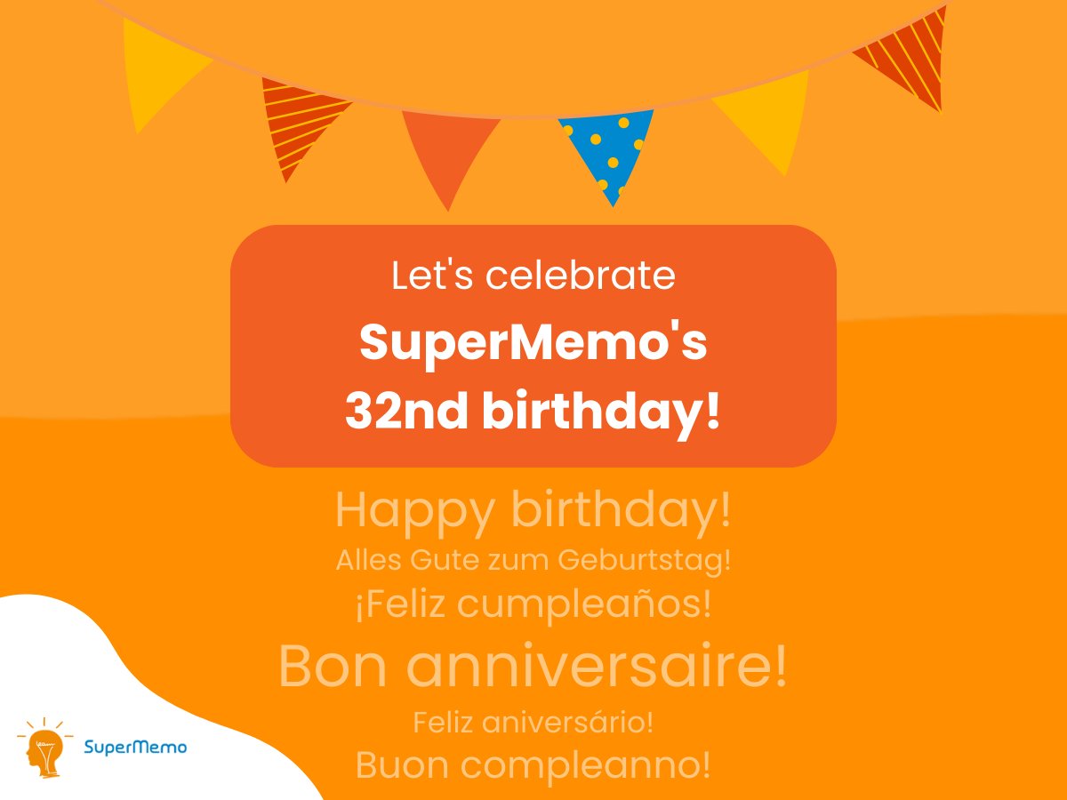 supermemo's tweet image. It's been more than 30 years of SuperMemo! We are delighted that the spaced repetition method is still very popular and widely used in language learning. We hope you will celebrate this and many more birthdays with us! 🥳🎂
#birthday #SuperMemo #spacedrepetition #celebrating