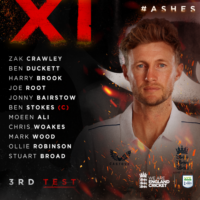englandcricket's tweet photo. 📋 We can confirm our XI for the third Ashes Test in Leeds...

Three changes from Lord's... 

↩️ Ollie Pope
↩️ Josh Tongue
↩️ Jimmy Anderson

↪️ Moeen Ali
↪️ Mark Wood
↪️ Chris Woakes

#EnglandCricket | #Ashes