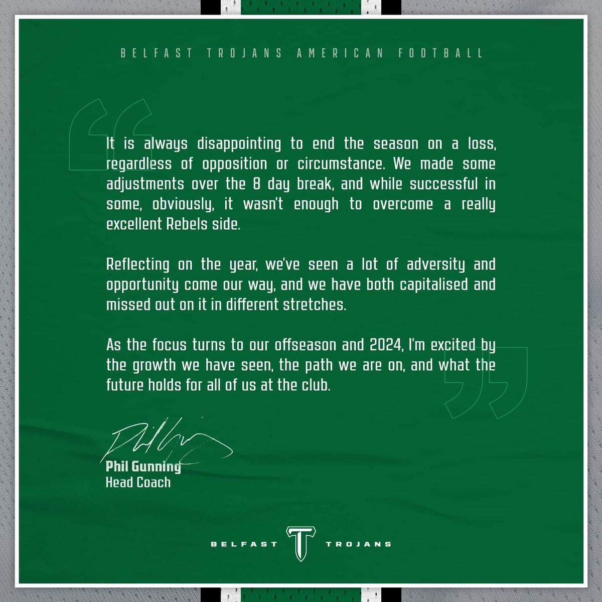 BelfastTrojans's tweet photo. Final 2023 Season post-game thoughts from Head Coach Gunning after our Premier Division Semi-Final defeat to the @dublinrebels last weekend. βοΈπ
#bewaretheblade
#belfasttrojans
#AmericanFootball
#2023Season https://t.co/j1NQ7X5SWe