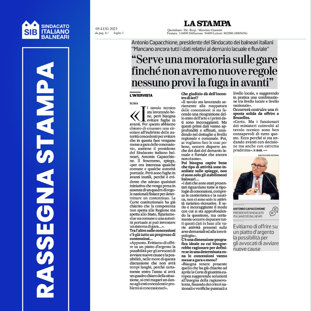 SIB_Conf's tweet photo. Condividiamo l'intervista rilasciata dal Presidente Antonio Capacchione al quotidiano #LaStampa 

#sibconfcommercio #questionebalneare #bolkestein https://t.co/1tTWMtn4Ni
