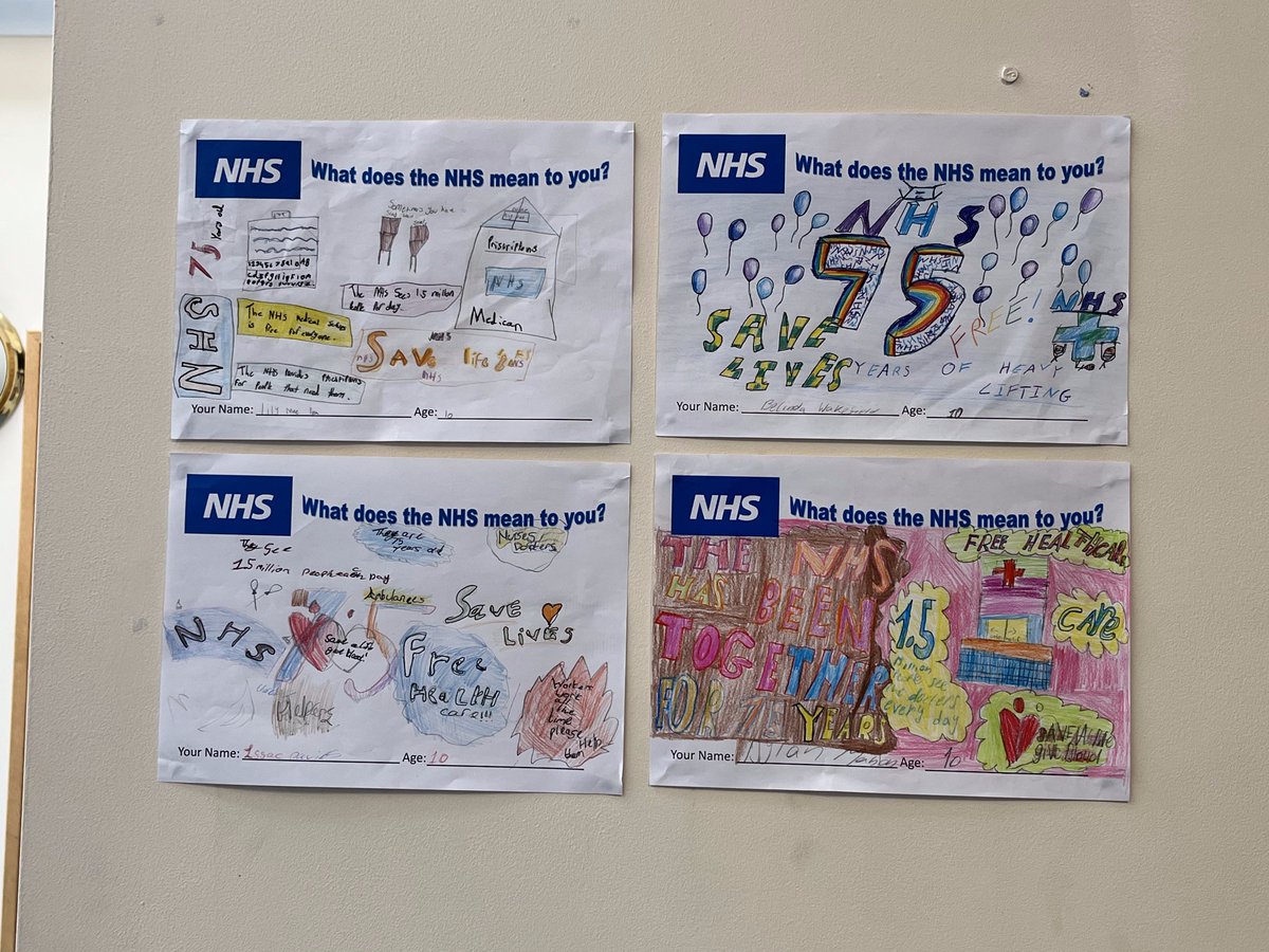 💙Today we are celebrating 75 Years of the NHS! 💙

We have displayed in the surgery some lovely artwork created by children at @InfantPurston and @StThomasJunior as well as some of our staff's family members to show what the NHS means to them 💙