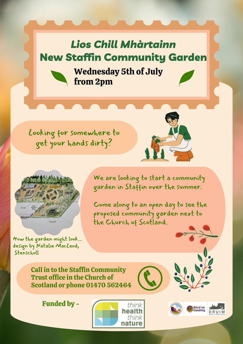 Chiad latha Lios Chill Mhàrtainn. All welcome to help us get started on a community garden around the Church of Scotland funded by @ThinkNature_ . From 2pm (TODAY) Wednesday 5th of July and regularly throughout the summer. 🌱☘️🌿