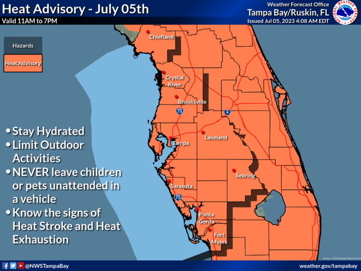 NWSTampaBay's tweet photo. ⚠️ Heat Advisory in Effect from 11AM to 7PM Today, 07/05/2023 ⚠️

"Feels-like" temperatures could climb as high as 110° today 🥵 

Stay Hydrated 🚰
Limit outdoor activities 🏠
Seek shelter if storms threaten ⛈️

Isn't this heat normal for this time of year? Thread below 👇#flwx https://t.co/hW9BputmEx