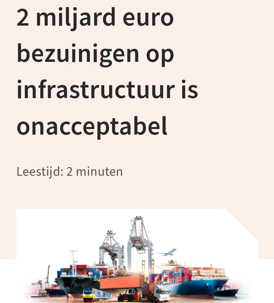 Het Rijk wil naast het eerder aangekondigde stopzetten van aanlegprojecten ook nog 2 miljard euro bezuinigen op infrastructuur. Dat blijkt onverwachts uit de plannen van minister Mark Harbers van <a href="/MinIenW/">Ministerie van Infrastructuur en Waterstaat</a>  die vandaag besproken worden in de Tweede Kamer. 
evofenedex.nl/actualiteiten/…
