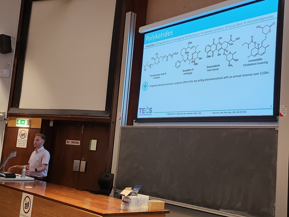 Liam has just taken the stage, detailing  some polyketide biosynthesis and work on natural product biosynthetic pathways in the Crump group. All speakers have done a brilliant job so far this morning!