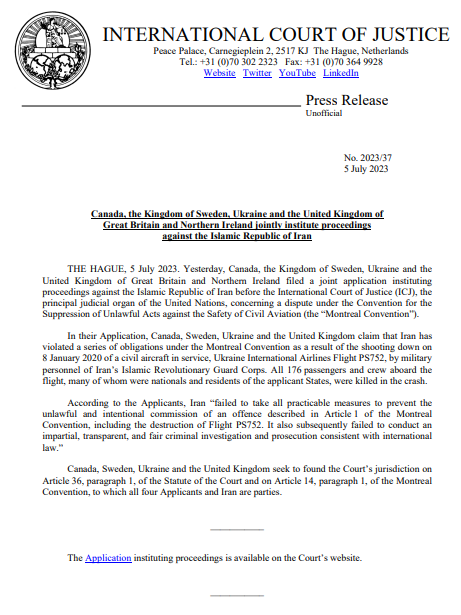 PRESS RELEASE: #Canada, #Sweden, #Ukraine and the #UnitedKingdom jointly institute proceedings against #Iran before the #ICJ concerning a dispute under the Convention for the  Suppression of Unlawful Acts against the Safety of Civil Aviation tinyurl.com/yh45zj7d