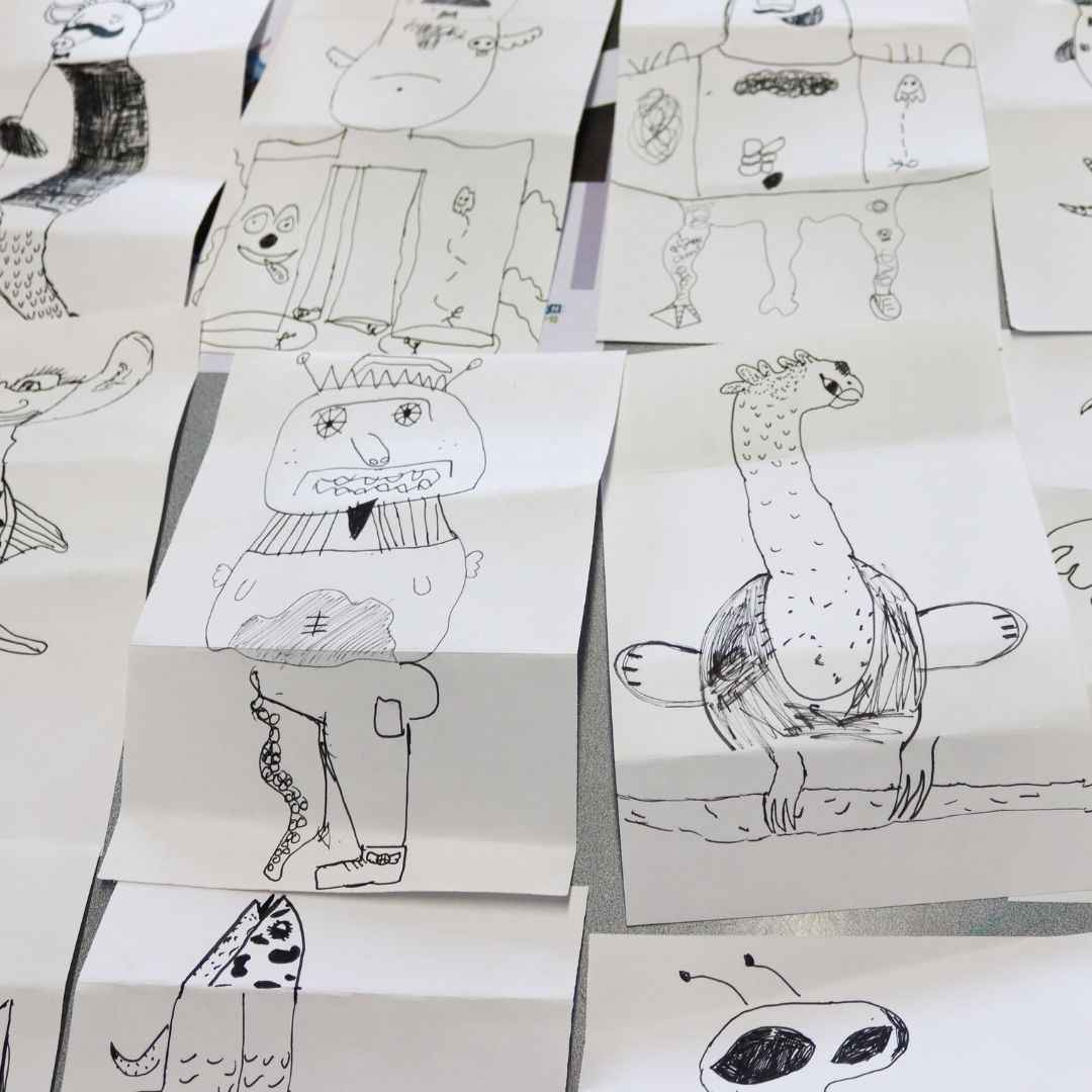 Last week we had the pleasure of hosting a year 6 taster lesson. In this lesson the students constructed their own surreal monster designs using the 'consequences' process of folding a piece of paper into 3, drawing a section and passing it on.