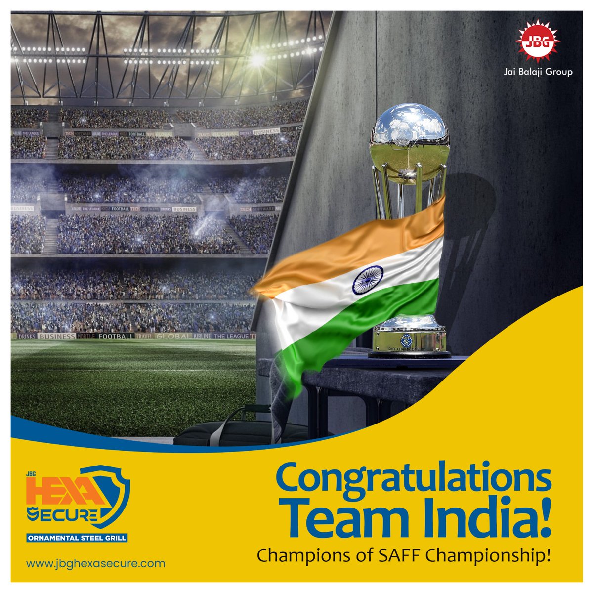jbghexasecure's tweet photo. India reigns supreme in SAFF Championship! Congratulations Team India!  🙌🎉🏆🇮🇳

Explore Now! 
🔗 https://t.co/FfT5DJkKpp

#JBG #JaiBalajiGroup #JBGHexaSecure #JBGHexaTMT #JBGHexaBond #TeamIndia #Champions #SAFFChampionship #Victory #ProudMoment #FootballFever #Glory https://t.co/YGy67DZojw