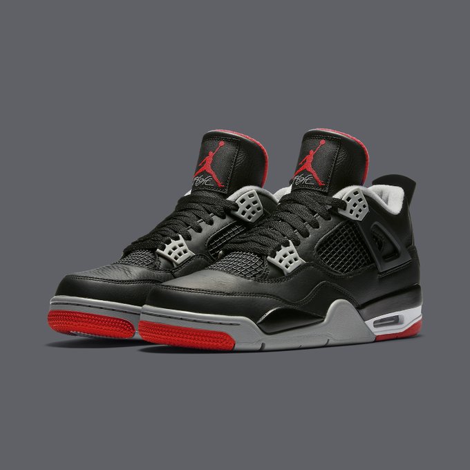thesolesupplier's tweet photo. Air Jordan 4 "Bred Reimagined" ⚫️ 🔴 

How do we all feel about the leather upper on these? 🤔 https://t.co/r3ab83KVaA
