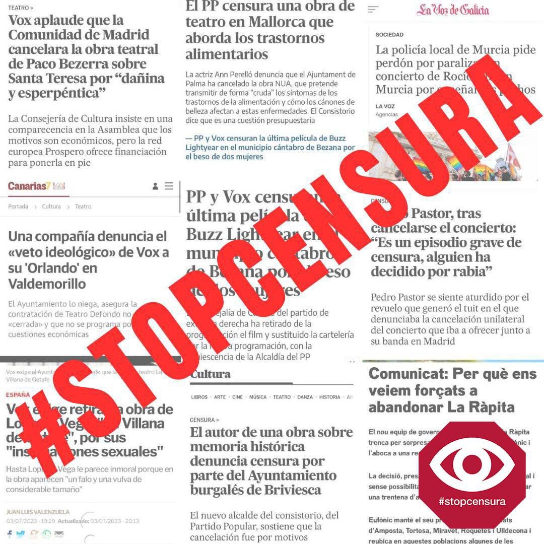Profesionales del mundo de la cultura denunciamos la censura que está atentando contra la libertad de expresión.Un derecho consolidado democráticamente en la Constitución.
Exigimos protección de nuestros derechos porque sin CULTURA no hay democracia.
 
#STOPCENSURA