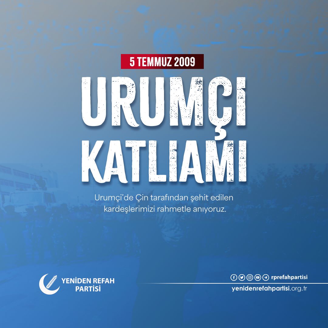 5 Temmuz 2009'da Doğu Türkistan'ın başkenti Urumçi'de Çin kuvvetleri tarafından şehit edilen Uygur Türkü kardeşlerimizi rahmetle anıyoruz.