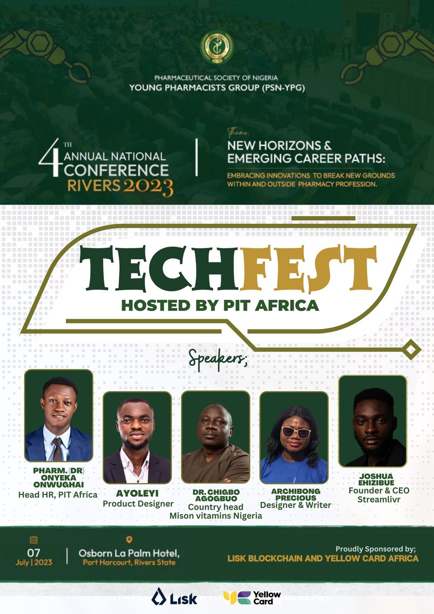 PSN-YPG in collaboration with PIT AFRICA 

presents

The First-ever Tech Festival for Young Pharmacists in Nigeria.

Do not miss this amazing opportunity to learn how tech intersects healthcare and pharmacy practice!