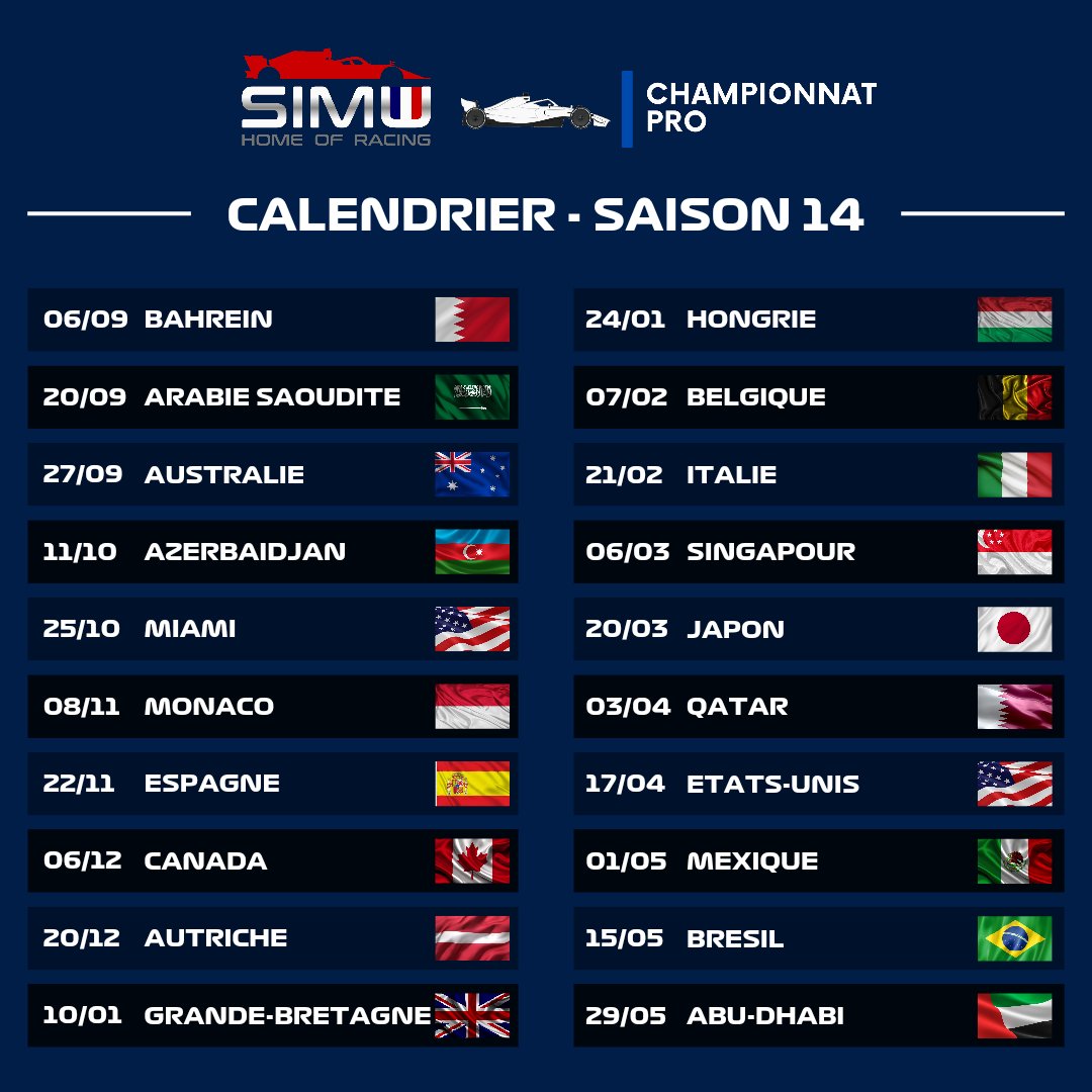 Motorsport_Simu's tweet photo. 🚨 Voici les calendriers pour la saison 2023 / 2024 !

20 GP au programme ainsi qu'une semaine de Rookies Days, du 24 au 30 août 🔥

#MSimu #Simracing #HomeOfRacing https://t.co/qX6hHdrj53