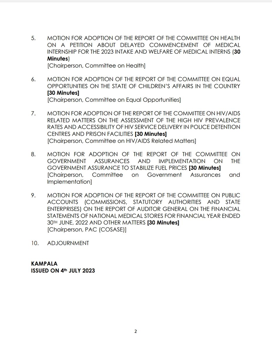 Parliament_Ug's tweet photo. House will sit in an hour’s time to handle matters itemized in the Order Paper (attached). #PlenaryUg @newvisionwire @DailyMonitor @observerug @ChimpReports https://t.co/n9FAH2cnP3