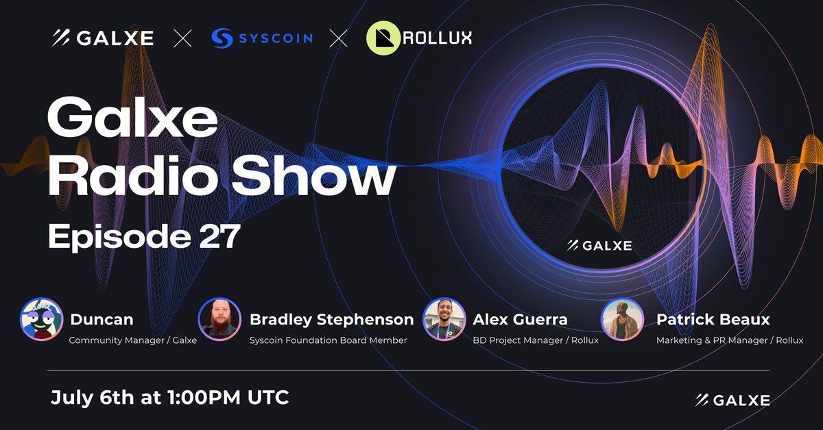 Galxe's tweet photo. 🎙 Tune in to the Galxe Radio Show ft. @RolluxL2, the world's first roll-up secured by #Bitcoin!

Claim rewards and an exclusive #GalxeOAT ⬇️
https://t.co/jCcopEcsmA

Don’t miss our weekly series with other guests: https://t.co/idnbKX7EsC https://t.co/9UtJFsE4eK