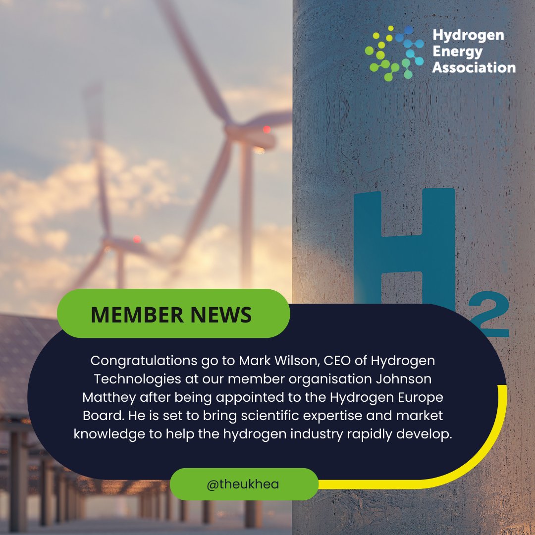 Congratulations to Mark Wilson, CEO of Hydrogen Technologies at @Johnson_Matthey, who has been appointed to the Board of @H2Europe. His scientific expertise and market knowledge will help the hydrogen industry rapidly develop. hydrogeneurope.eu/hydrogen-europ… #hydrogeneconomy #beyond2030