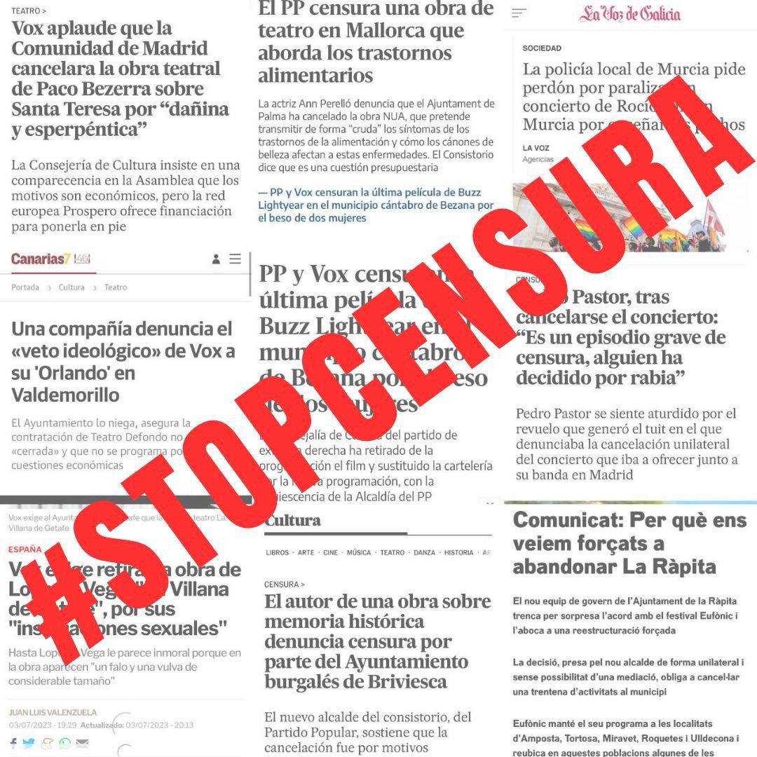 Profesionales del mundo de la cultura denunciamos la censura que está atentando contra la libertad de expresión. Un derecho consolidado democráticamente en la Constitución. Exigimos protección de nuestros derechos porque sin CULTURA no hay democracia.
#STOPCENSURA