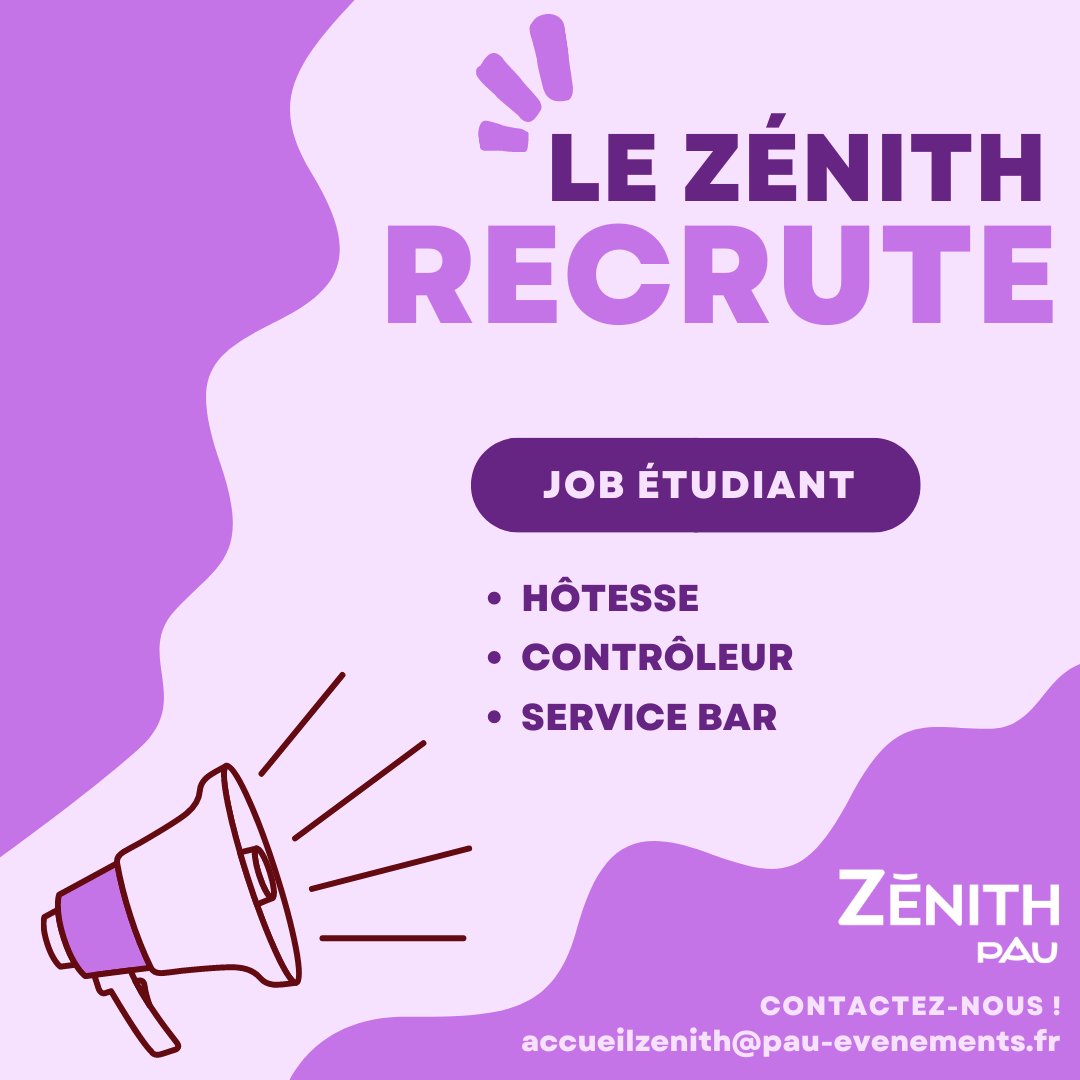 ZenithPau's tweet photo. Tu es majeur, motivé, souriant, disponible le soir en semaine et le week-end ?
Alors postule en envoyant ton CV avec photo par e-mail à accueilzenith@pau-evenements.fr

#recrutement #jobetudiant #zenithPau #jobPau #Paumaville #Pau https://t.co/HPEwxTtTxY