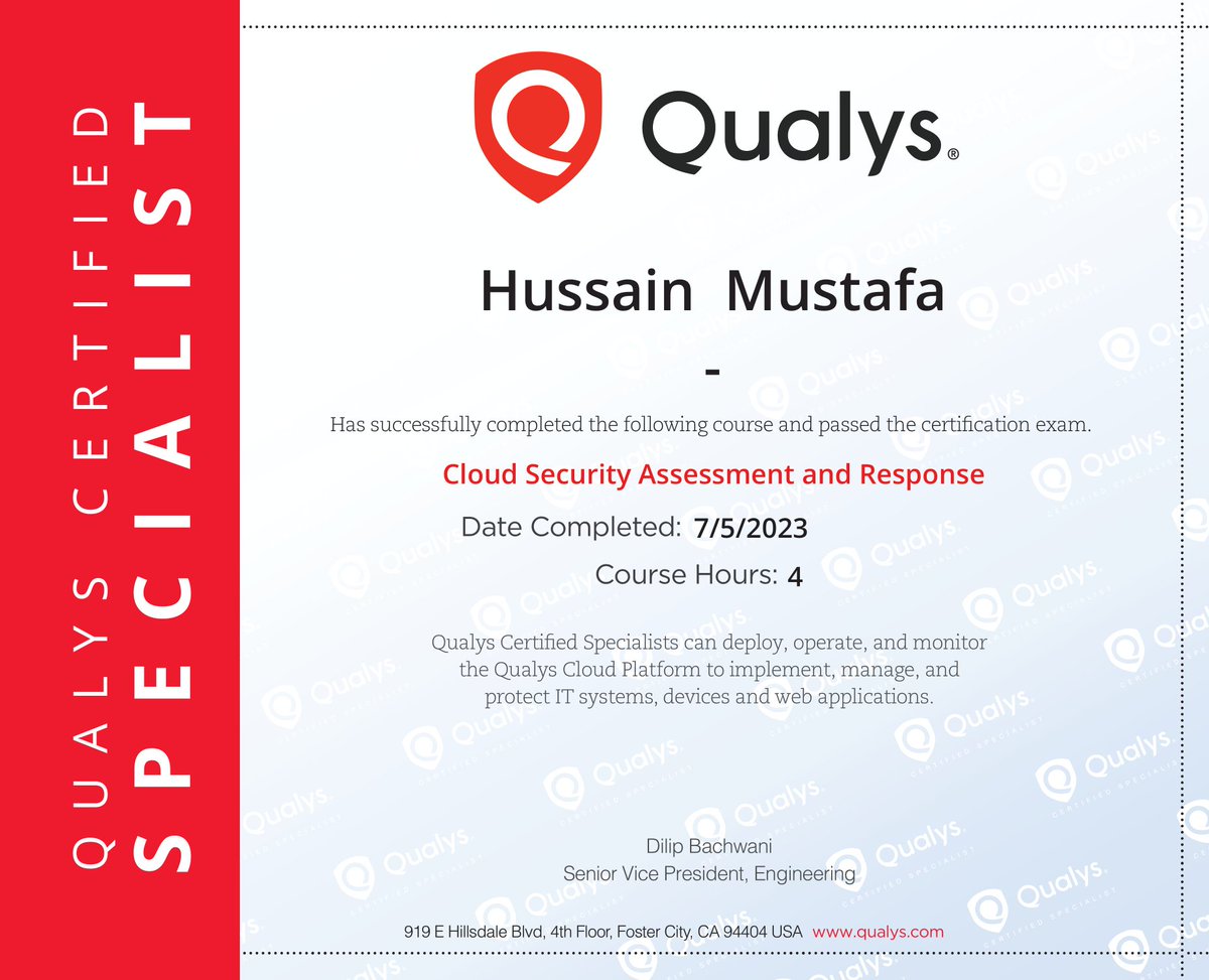SainSec's tweet photo. I'm excited to announce that I passed the Cloud Security Assessment and Response certification exam from Qualys! This course taught me the skills I need to assess and respond to security threats in cloud environments.

#cloudsecurity #cybersecurity #informationsecurity https://t.co/ijyKp3W4mV