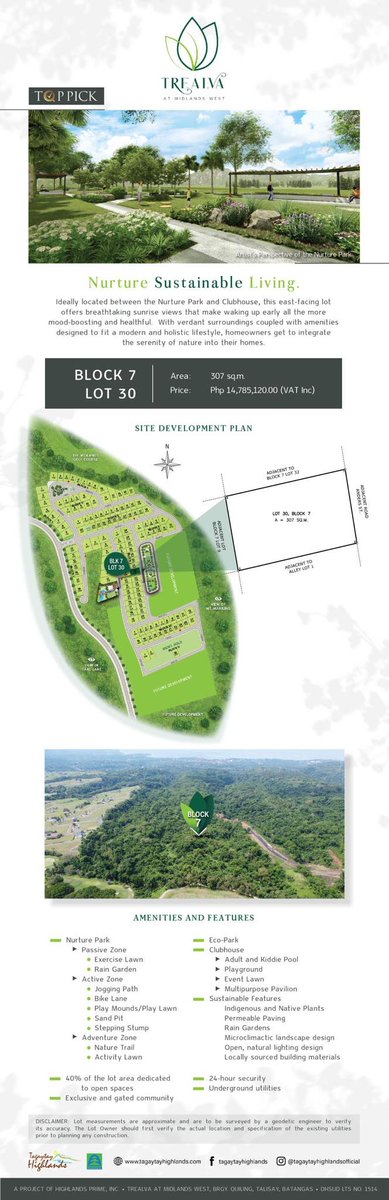 nosthalgica's tweet image. TREALVA  top pic for this week.  Block 7 lot 30, Ideally located between the Nurture park and clubhouse. This east-facing lot offers breathtaking sunrise views.
#Tagaytayhighlands #exclusivecommunity #investor #contractor
#Businessman
#BusinessOwners