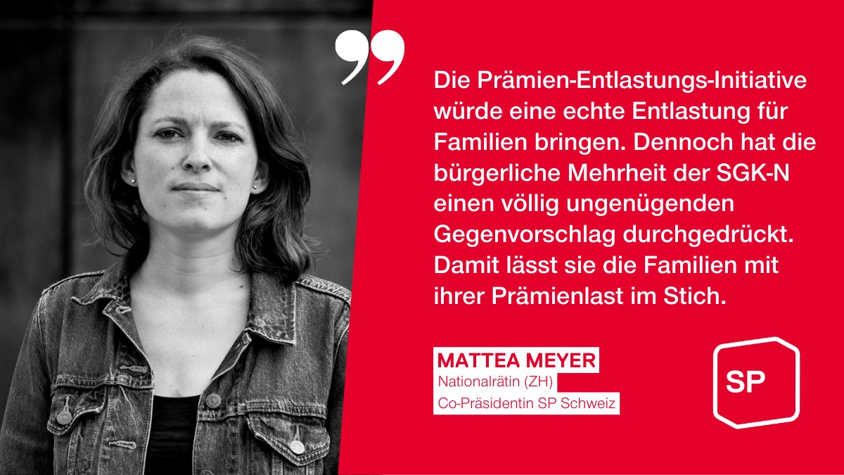 Die SGK-N ist auf den ungenügenden Gegenvorschlag des Ständerats zur #PrämienEntlastungsInitiative umgeschwenkt. Dieser reicht bei weitem nicht aus, um die Bevölkerung zu entlasten. Die <a href="/spschweiz/">SP Schweiz</a> wird weiterhin für bezahlbare Prämien Partei ergreifen.

👉 sp-ps.ch/artikel/praemi…