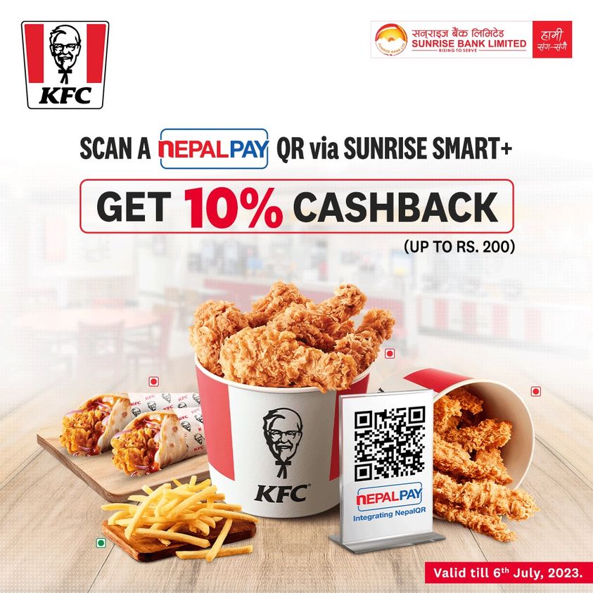 NCHLOfficial's tweet photo. Get 10% or Rs. 200 Cashback on payment by scanning NEPALPAY QR from Sunrise Smart+. Treat yourself with delicious foods from KFC Nepal.
Hurry up and grab the opportunity!!
#NCHL #NEPALPAYQR #DigitalBanking #CashlessBanking #Cashback #offers https://t.co/5aeO5D9bSA