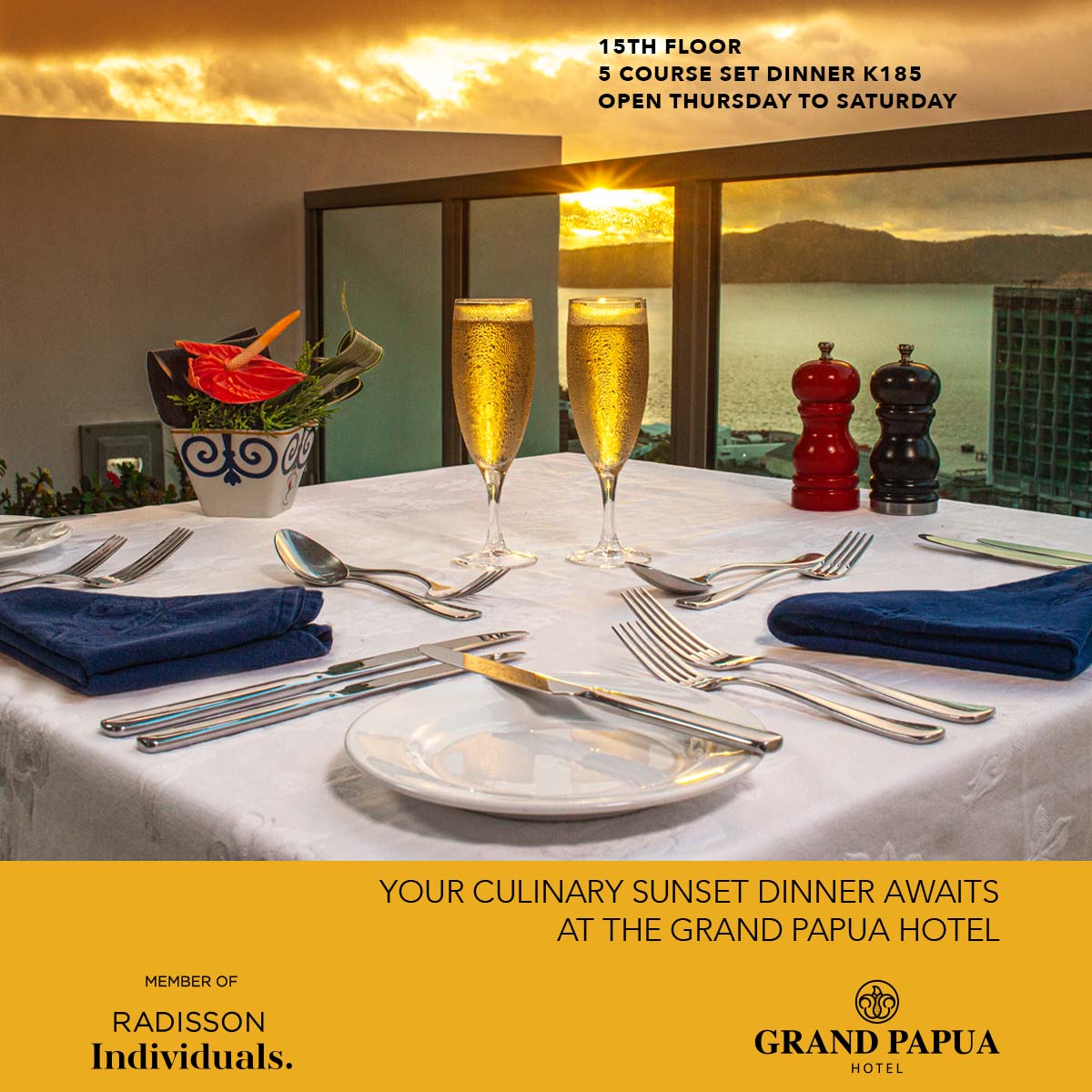 coralseahotels's tweet photo. 🌅 Enjoy a glass of our sparkling wine and five delicious courses ONLY at K185 🥂

🕧Every Thursdays - Saturdays, from 6PM-10PM on the 15th Floor at the Grand Papua Hotel🏢

Contact us on:
☎️ (+675) 7999 0000
📧gph_reservations@grandpapuahotel.com.pg

#restaurant #Food https://t.co/uXGpKKci6U