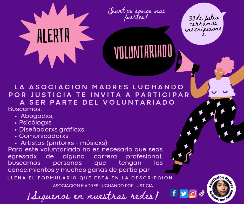 MadresLuchan's tweet photo. La Asociación de Madres Luchando por Justicia 
📢abre convocatoria para personas interesadas en participar como voluntarias.
🖊Inscripción en el link: 

https://t.co/jkuSpMIkjS https://t.co/93hQW4CpUf