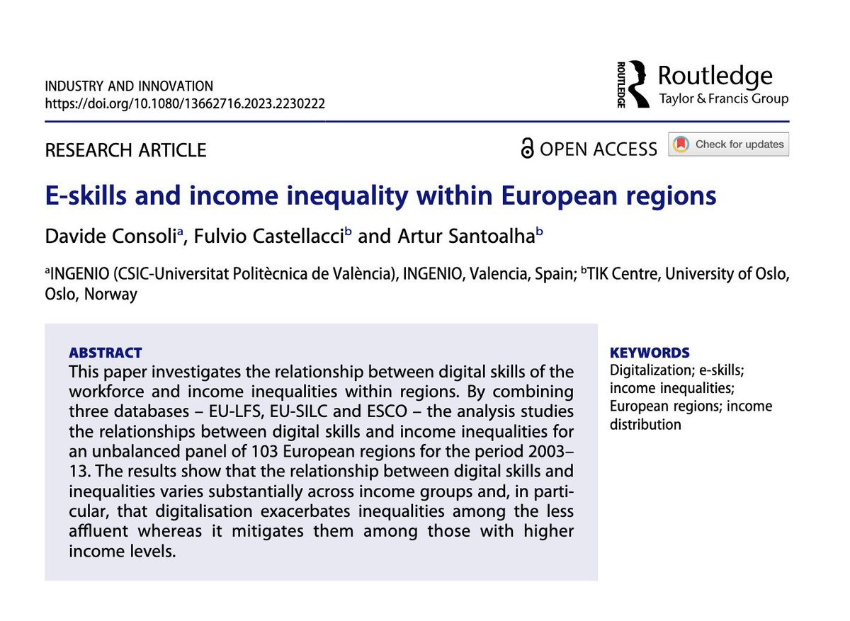 New paper alert!

"E-skills and income inequality within European regions" with <a href="/FulvioCastella3/">Fulvio Castellacci</a> and A. Santoalha

(1/n)