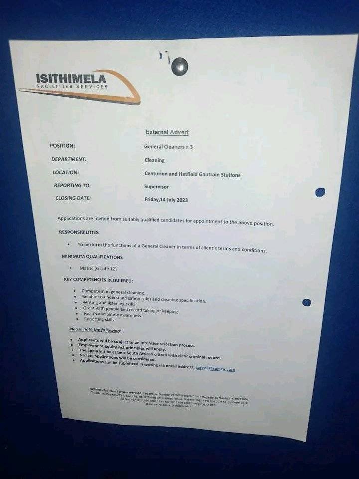 DeeJobplug's tweet photo. General Cleaners needed!
Location: Centurion and Hatfield Gautrain Stations.
Send applications to career@spg.za.com
Closing Date 14 July 2023 https://t.co/NFWRPIJ1c2