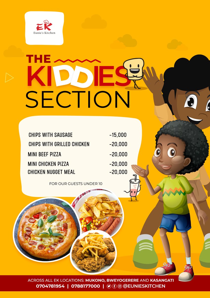When you visit any of our locations with your little ones, ask for a special kid's menu.

For orders call:
👉Kasangati: 0704781954 
👉Mukono: 0788177000
👉Bweyogerere: 0702570042

#kidsmenu #kidsmenu